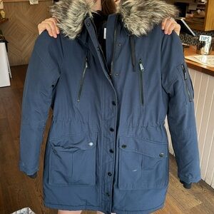 BCBGeneration Navy down Coat with faux fur Trim